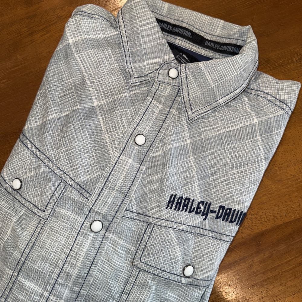 Harley Davidson Shirt Mens M Gray Plaid Pearl Snap Western Embroidered Casual